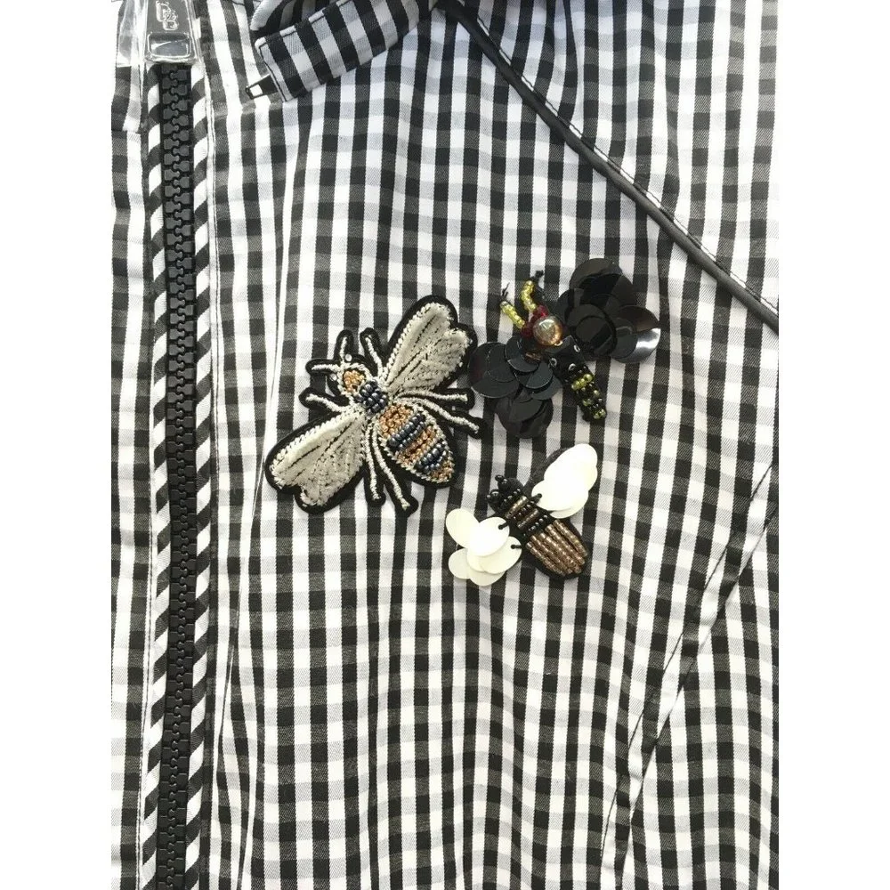 Dennis Basso Water Resistant Gingham Anorak Jacket Embellished Black White - Picture 5 of 11